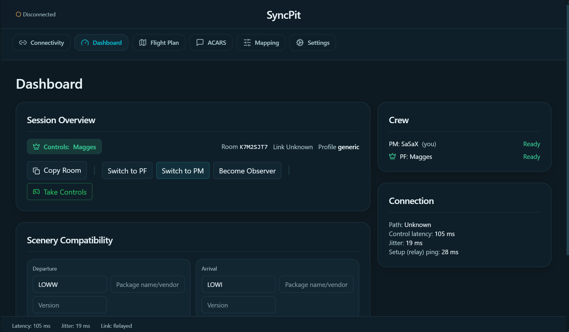 SyncPit dashboard showing room, PF/PM, connection path, and SimBrief pin